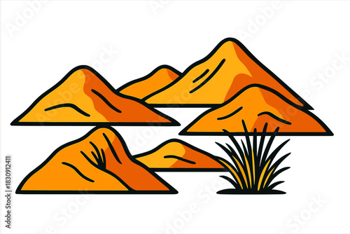 Abstract desert landscape with minimalist rolling hills and sparse foreground plants