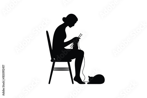 Silhouette of woman knitting on chair with yarn on white background