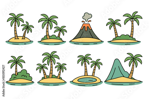 Cartoon tropical islands collection with palm trees, sandy beaches, and an erupting volcano