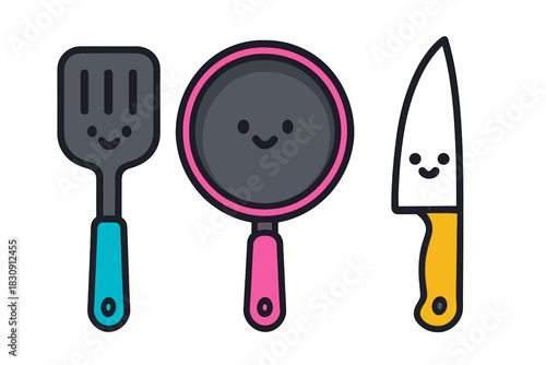 Cute smiling kitchen spatula frying pan and knife cooking equipment set