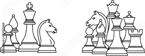 Black and white line art of two opposing chess piece groups