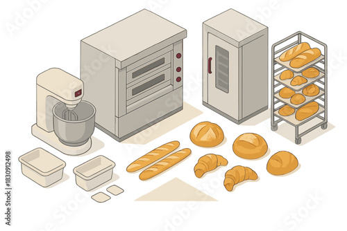 Professional commercial bakery equipment and fresh baked goods including bread and pastries