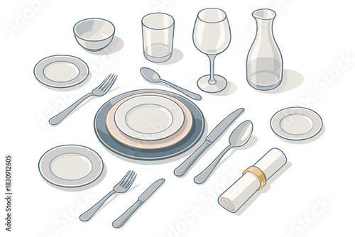 Elegant isometric arrangement of dinnerware, cutlery, and glassware for a formal meal