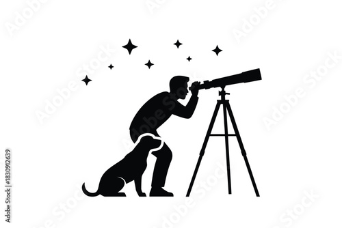 Silhouette of man and dog looking through telescope at stars