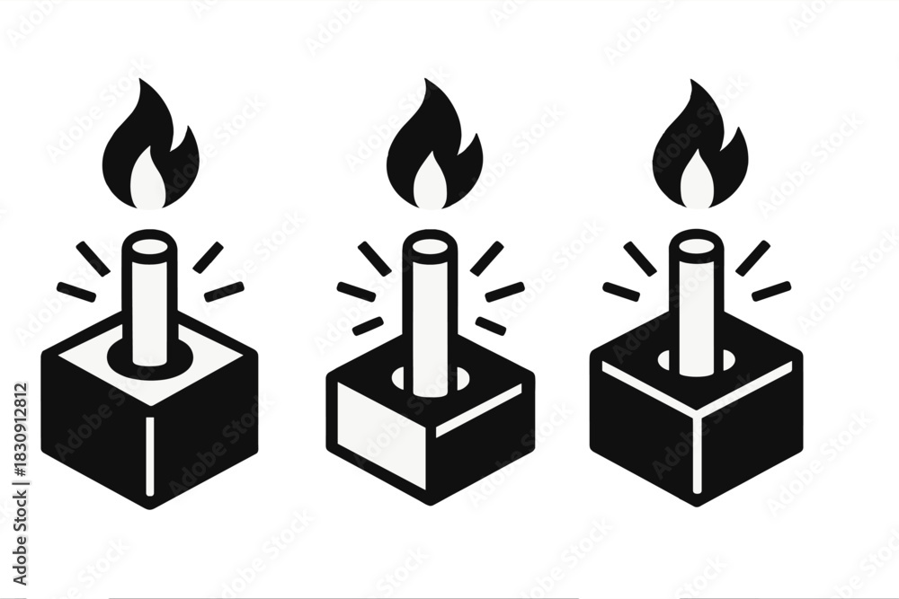 Fototapeta premium Three simple black and white flame symbols on cubic bases radiating light