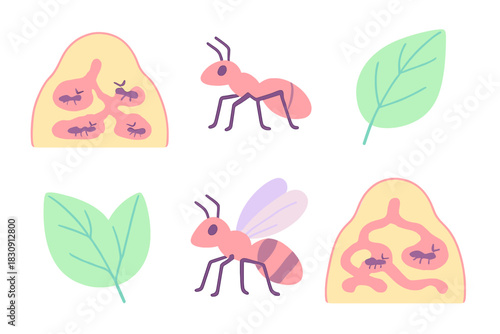 Adorable ant colony life set with worker ants, winged ants, anthills, and green leaves