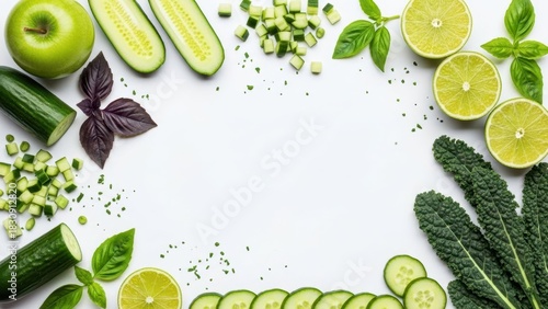 Fresh Green Ingredients: A vibrant arrangement of fresh, green ingredients, including cucumber, lime, and basil. A culinary journey into the heart of health and nutrition.