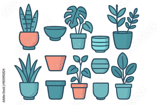 Various potted house plants and empty planters in modern flat design style