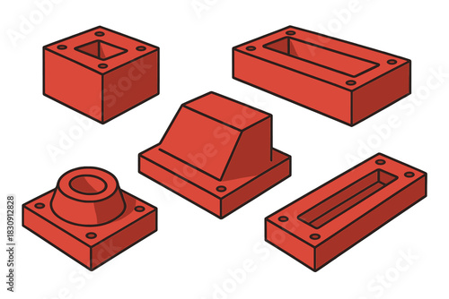 Isometric collection of various red industrial components and mechanical parts