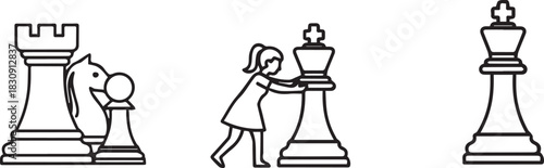 Line art of chess pieces and a girl pushing a king