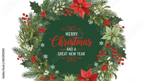 Festive Christmas Wreath with Poinsettias and Holiday Greetings Illustration
