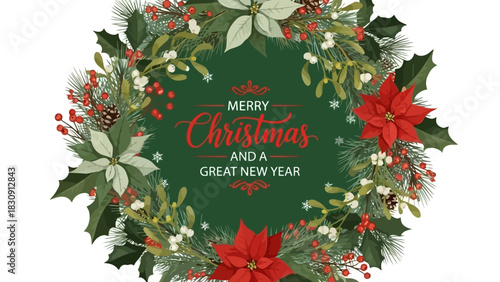 Festive Christmas Wreath Illustration with Poinsettias and Berries