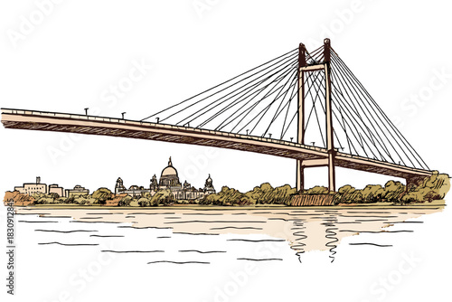 Cable-stayed bridge spanning a river with a historic city skyline in the background