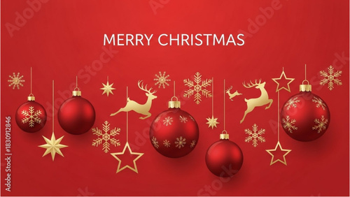 Luxurious red and gold Christmas ornaments hanging on a festive background