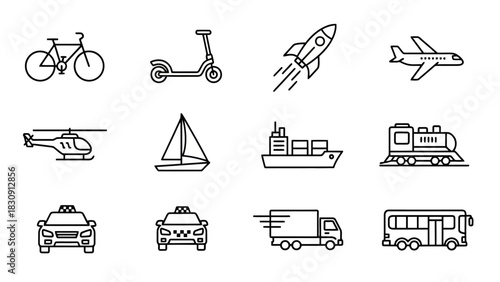 Assorted Transportation Icons Set Bike, Scooter, Spaceship, Plane & More