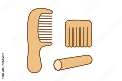 Collection of natural wooden hair combs and smooth massage roller for self-care