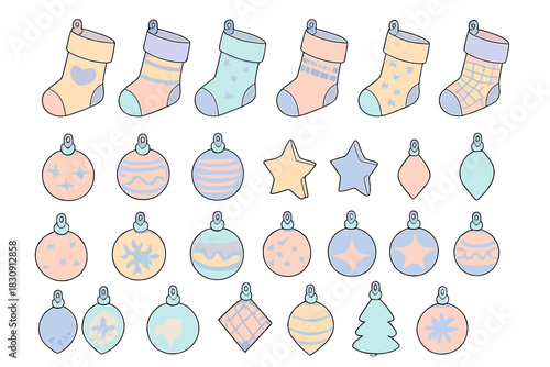 Cute pastel holiday socks and decorative Christmas tree baubles and stars set