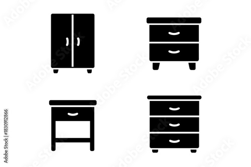 Black silhouette symbols representing essential bedroom and home storage furniture