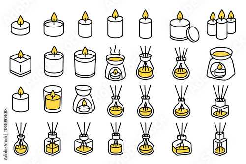 Outline icons set of aromatherapy products including burning candles and essential oil diffusers