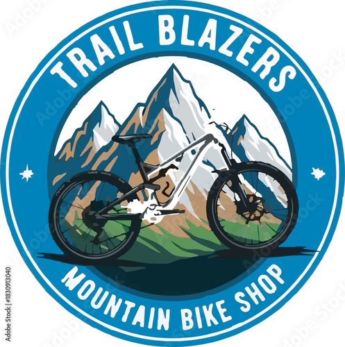 Retro Style Mountain Bike Shop Logo with Mountains and Text Trail Blazers Mountain Bike Shop