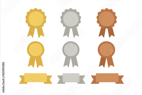 Metallic gold silver and bronze award ribbons and banners for competition winners