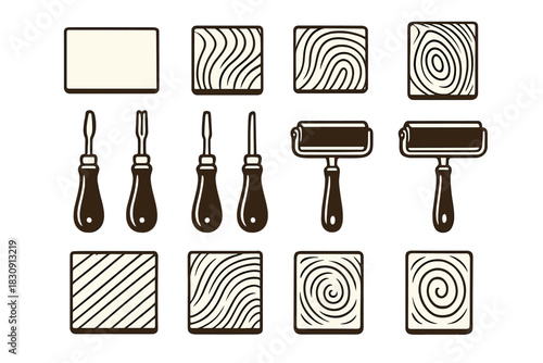 Linocut and woodcut printmaking tools set including carving chisels and brayer rollers with patterned blocks