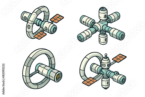 Futuristic space station modules set featuring rotating rings and solar panels
