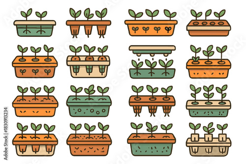 Various hydroponic systems and seed starting trays with young green seedlings in containers