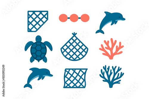 Sea turtle, dolphins, coral, and fishing nets representing marine conservation