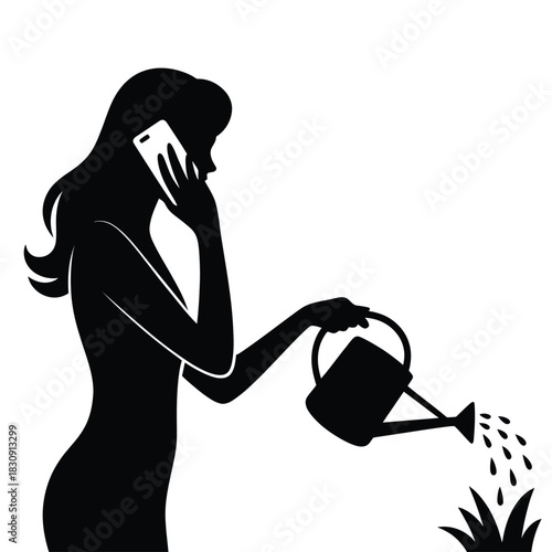 Silhouette of a woman watering plants while talking on her phone