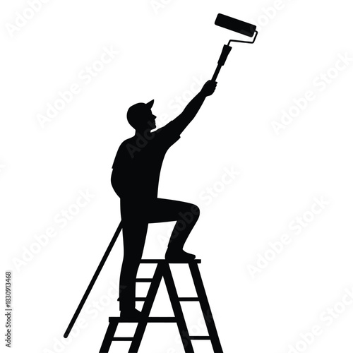 Silhouette of painter on ladder applying paint with roller