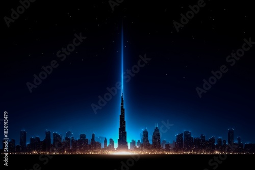 City skyline with a tall building in the middle. The sky is dark and the city is lit up