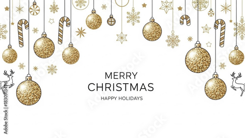 Sparkling Gold Christmas Ornaments and Festive Decorations on White Background