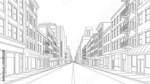 Detailed line drawing of a city street with buildings receding into the distance, showcasing architectural outlines and perspective.
