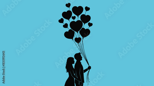 Silhouette of a romantic couple holding a large bunch of heart-shaped balloons against a blue background.