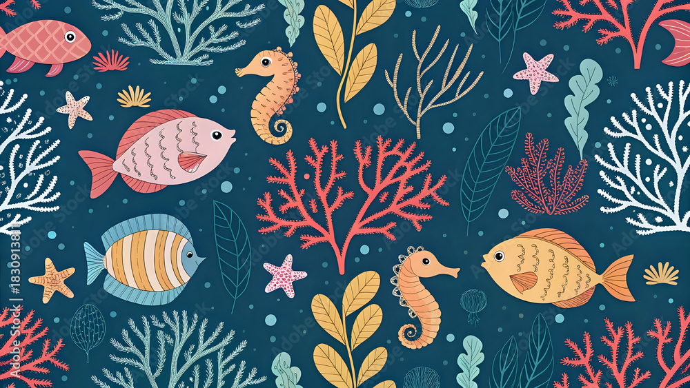 Naklejka premium Underwater sea creatures pattern, fish, shells, corals, vibrant, seamless