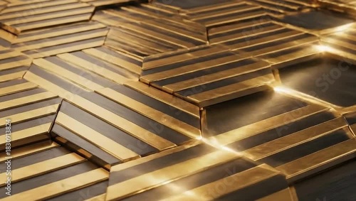 Closeup of a modern and luxurious geometric pattern with golden stripes on dark background