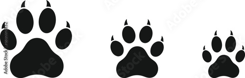 Three black paw prints of varying sizes on a white background