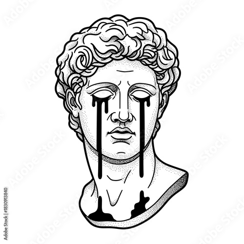 Melancholy Greek Statue Head Crying Black Tears Artistic Representation.
