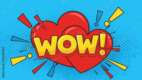 A comic book style illustration featuring two overlapping red hearts with a bold yellow "WOW!" text, surrounded by colorful speech bubble elements and a blue halftone background.