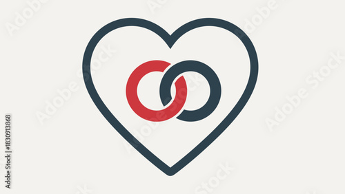 A heart outline with two interlocking rings, one red and one dark blue, symbolizing love and union.