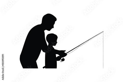 Silhouette of father and son fishing together on a white background