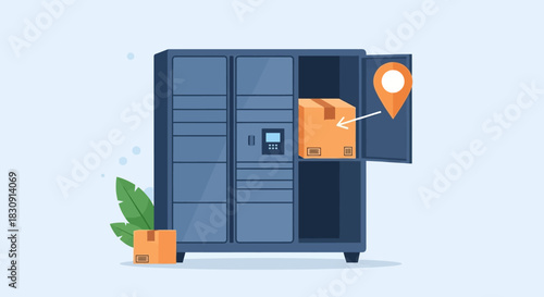 Package delivery locker with a box inside and a location pin, illustration.