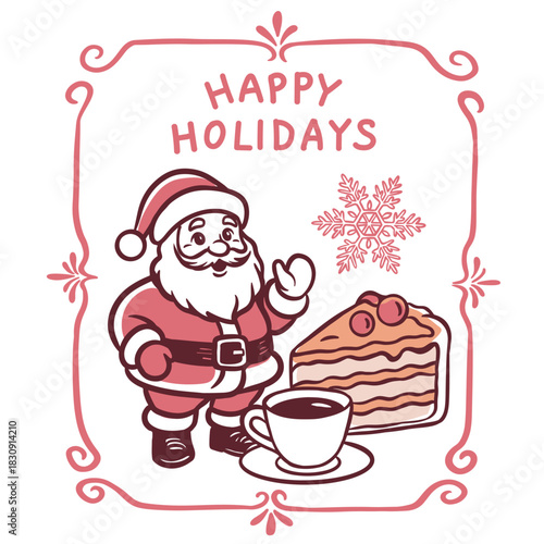 Cute festive illustration with Santa Claus, a slice of cake, a hot drink, and a snowflake inside a decorative holiday frame. Charming hand-drawn Christmas design perfect for cards and seasonal decor.