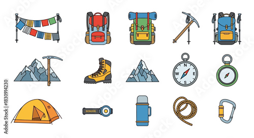 A collection of colorful flat icons representing mountaineering, hiking, and outdoor adventure gear and symbols.