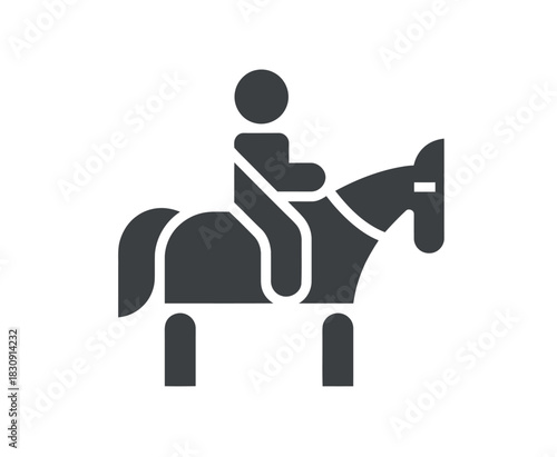 A stylized silhouette of a person riding a horse on a plain background.