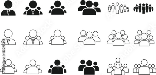 Collection of diverse silhouette and outline icons representing groups of people and individuals