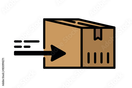 A cardboard box is being rapidly transported or delivered with motion lines indicating speed and direction.