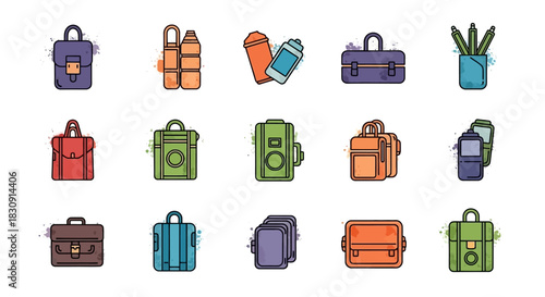 A collection of colorful flat design icons featuring various bags, cases, and containers for travel and daily use.