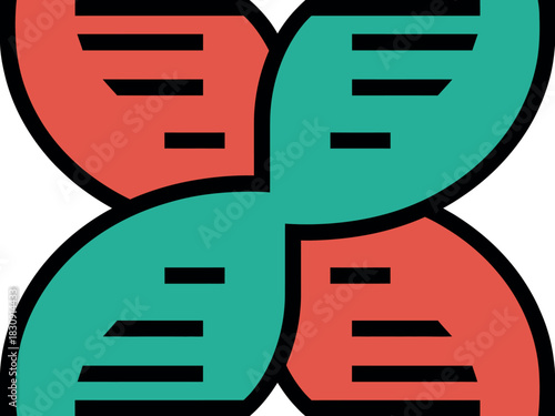 Abstract representation of four interlocking DNA strands forming a stylized flower or pinwheel shape.